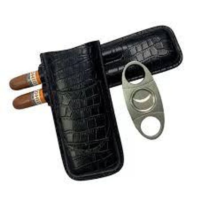 Hovedbilde Etui for 2 sigarer og sigarkutter, Sort